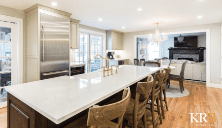 French inspired kitchen with large white marble island