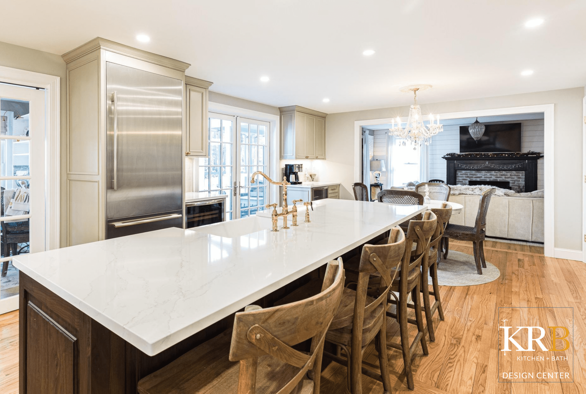 French inspired kitchen with large white marble island
