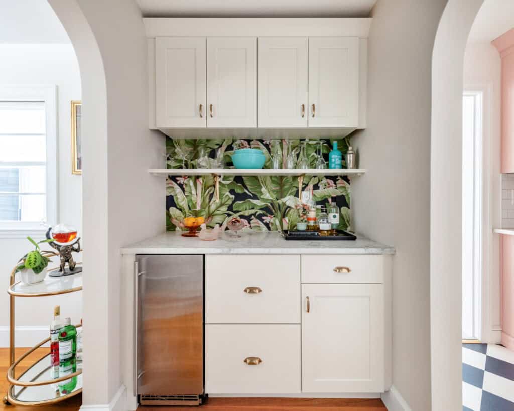 butler's pantry with accent wallpaper