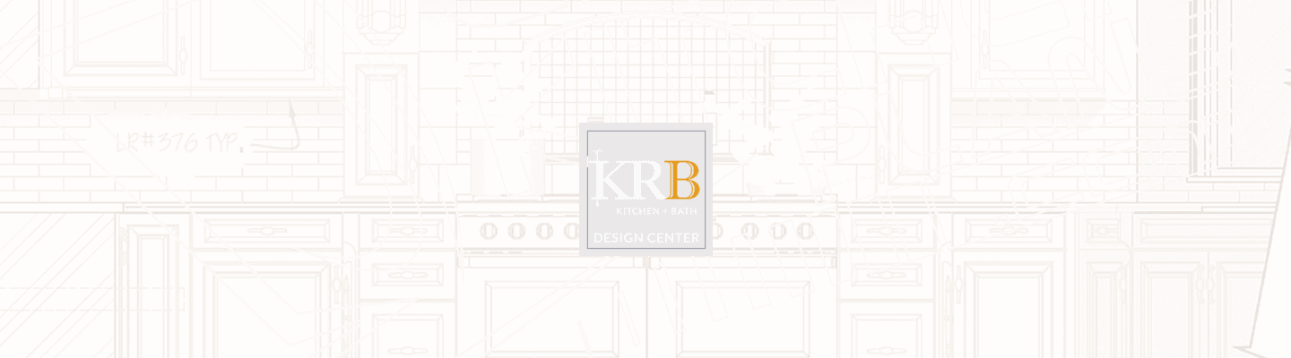 White and Gold KRB logo on top of a CAD drawing of a kitchen